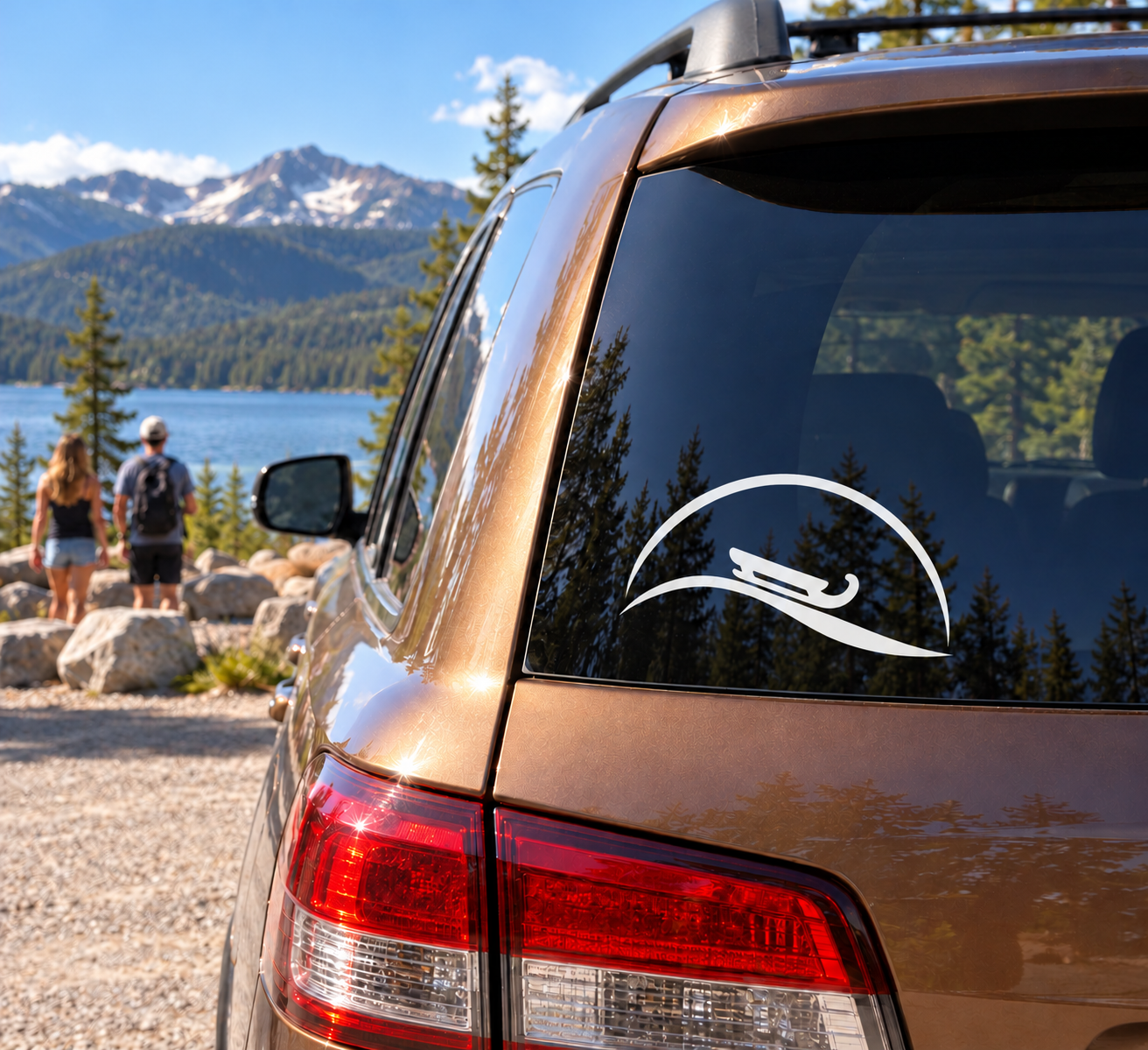 Arch vinyl decal with black sled icon for vehicle windows