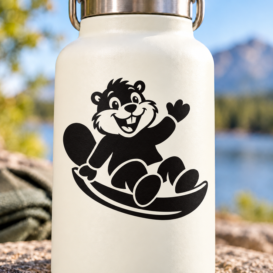 Sledding beaver vinyl decal, black-and-white beaver on a curved sled on a light bottle