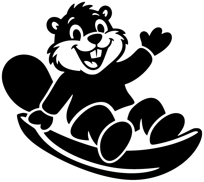 Sledding beaver vinyl decal, black-and-white beaver riding a curved sled
