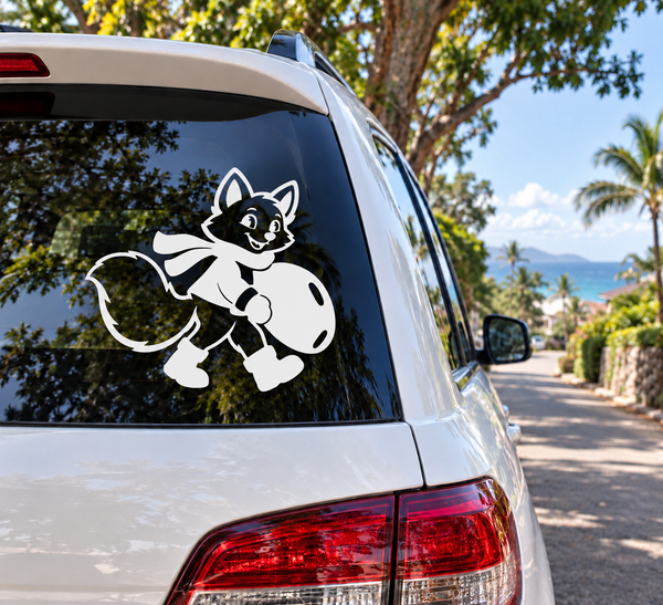 Vinyl decal of a sledding arctic fox on car rear window, black and white