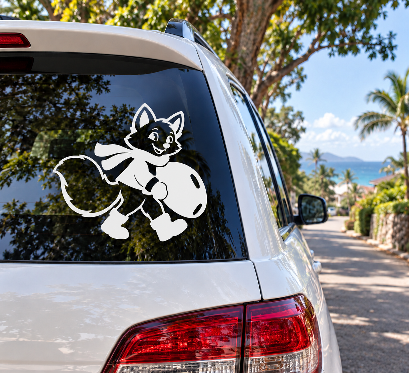 Vinyl decal of a sledding arctic fox on car rear window, black and white