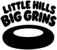 Vinyl decal close-up: 'LITTLE HILLS BIG GRINS' lettering with black oval and center cutout