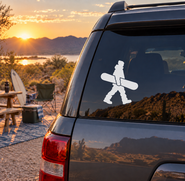 White snowboarder on snowboard vinyl decal on car window