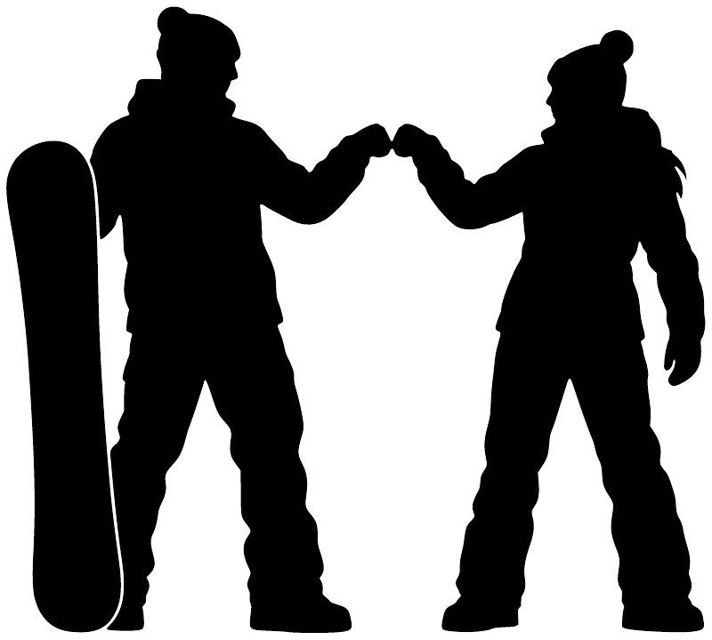Snowboarding crew bump vinyl decal, black silhouette figures holding a board shape