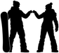 Snowboarding crew bump vinyl decal, black silhouette figures holding a board shape