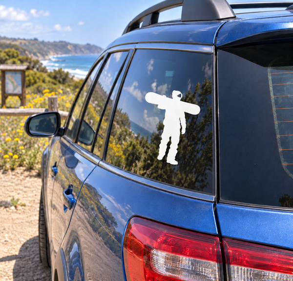 Vinyl snowboarder decal: white silhouette on car window