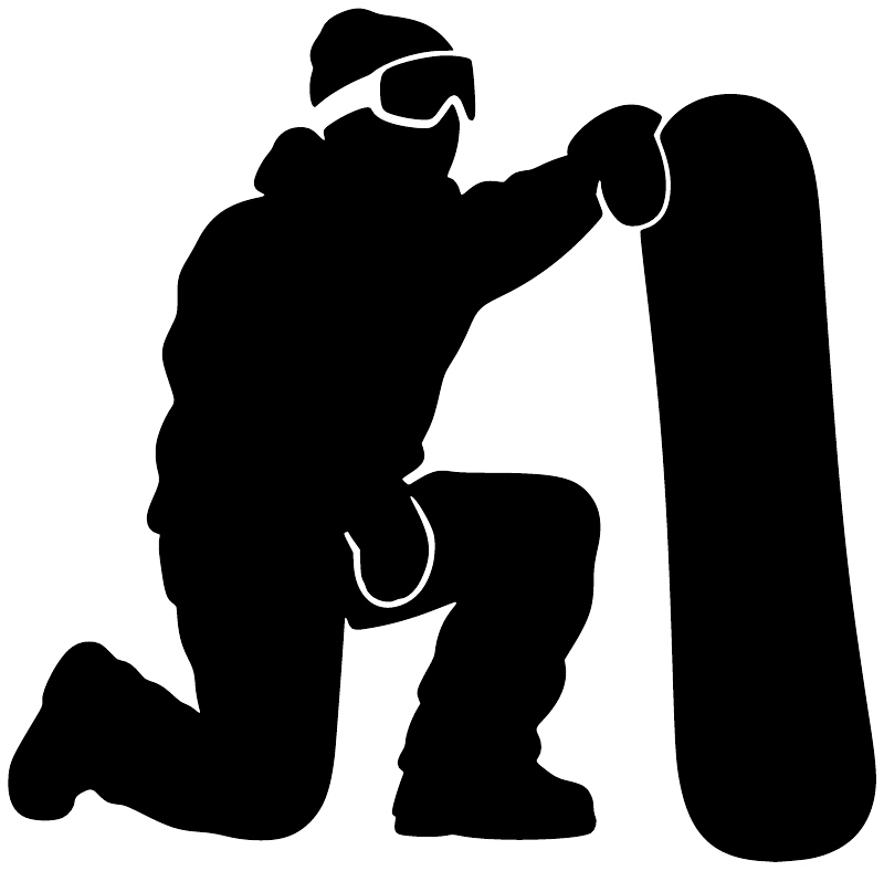 Snowboarding vinyl decal: black silhouette of rider holding snowboard, bold graphic.
