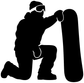 Snowboarding vinyl decal: black silhouette of rider holding snowboard, bold graphic.