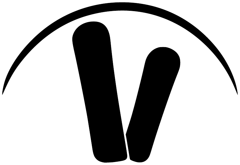 Vinyl arch decal close-up: black V snowboard-style logo on white