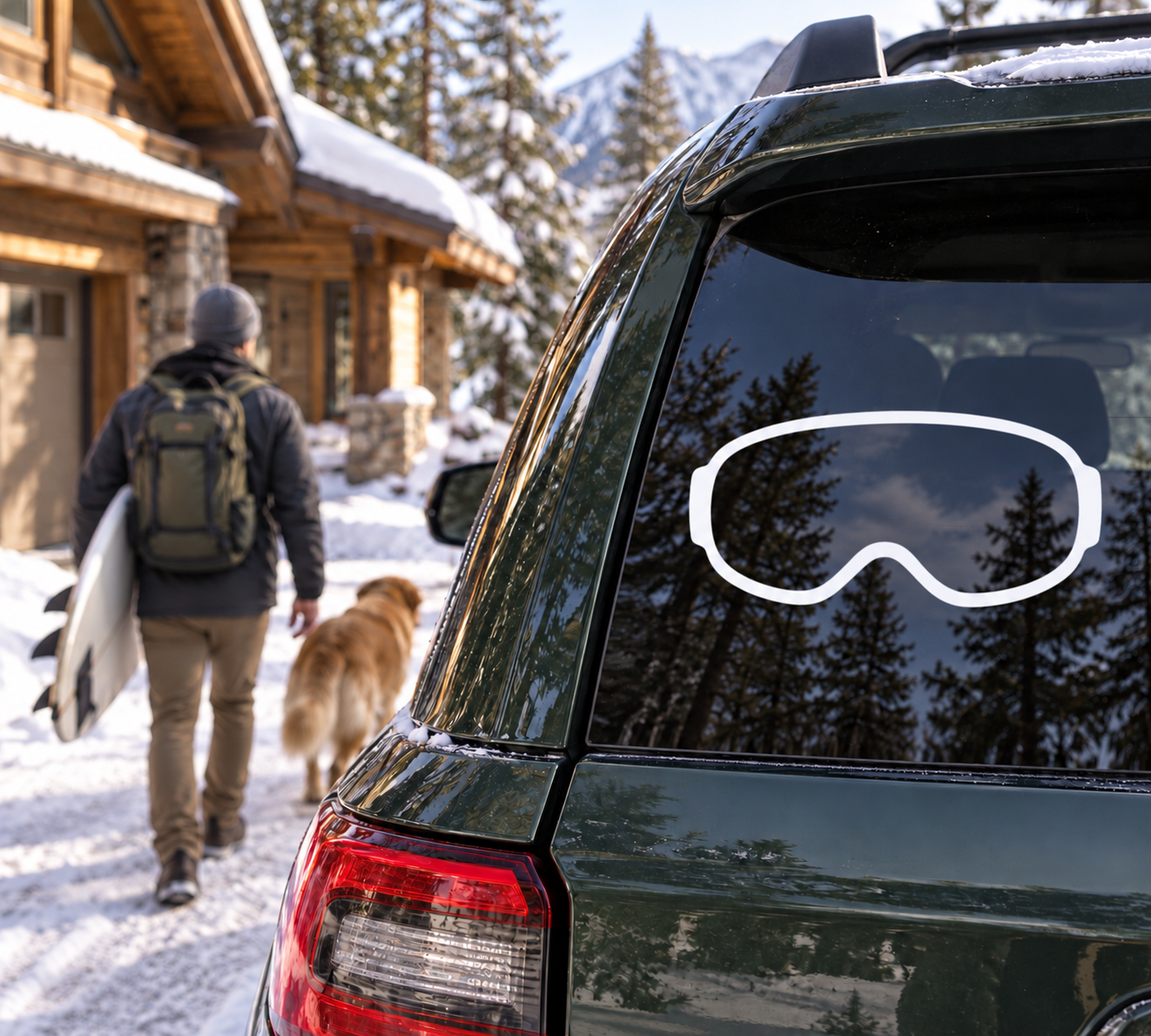 White snowboarding goggle vinyl decal with black outline on a car rear window