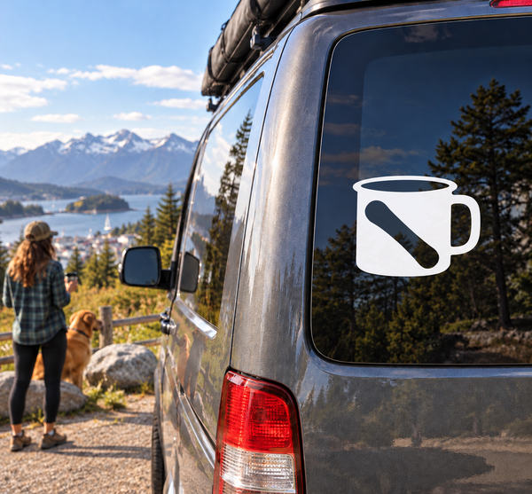 White camp cup vinyl decal on vehicle rear window, bold cup icon