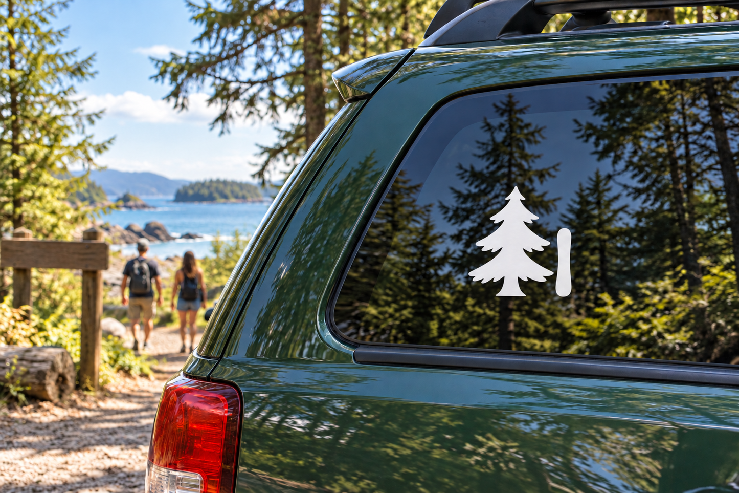 Pine tree vinyl decal with white outline on car rear window