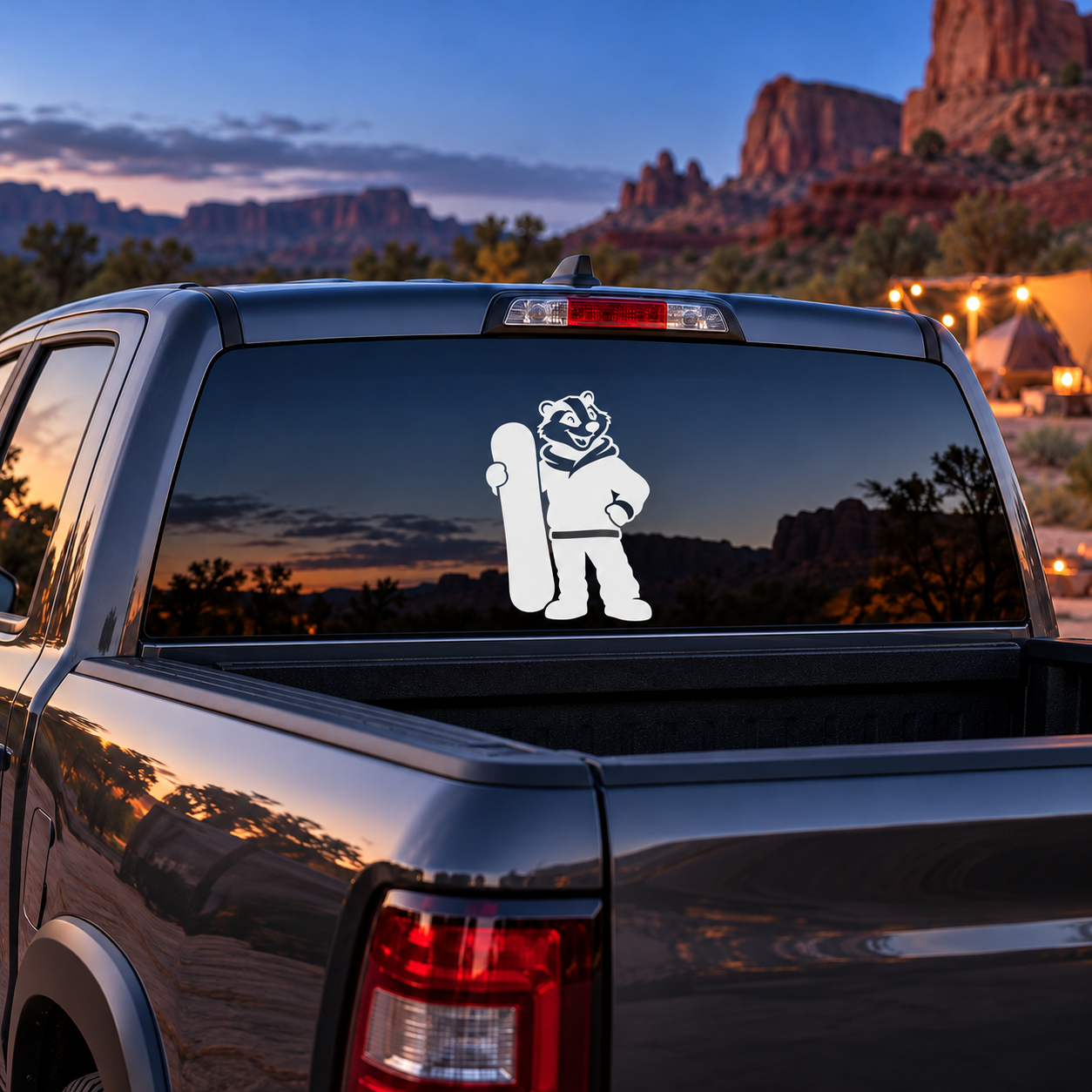 Vinyl decal of a white snowboarding badger holding a skateboard-style board