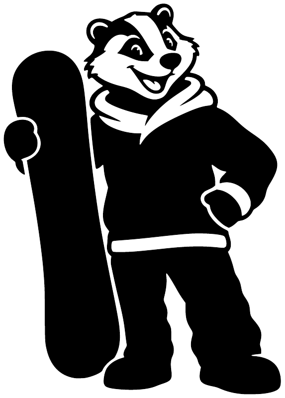 Black-and-white vinyl decal of a smiling badger snowboarding while holding a board