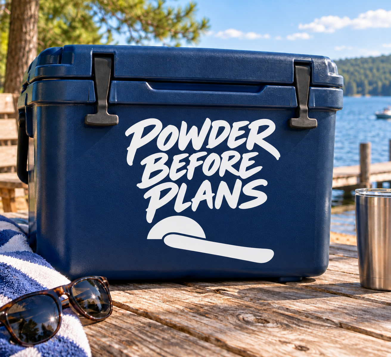 Powder Before Plans vinyl decal, white text with sun and swoosh on blue rectangle