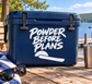Powder Before Plans vinyl decal, white text with sun and swoosh on blue rectangle