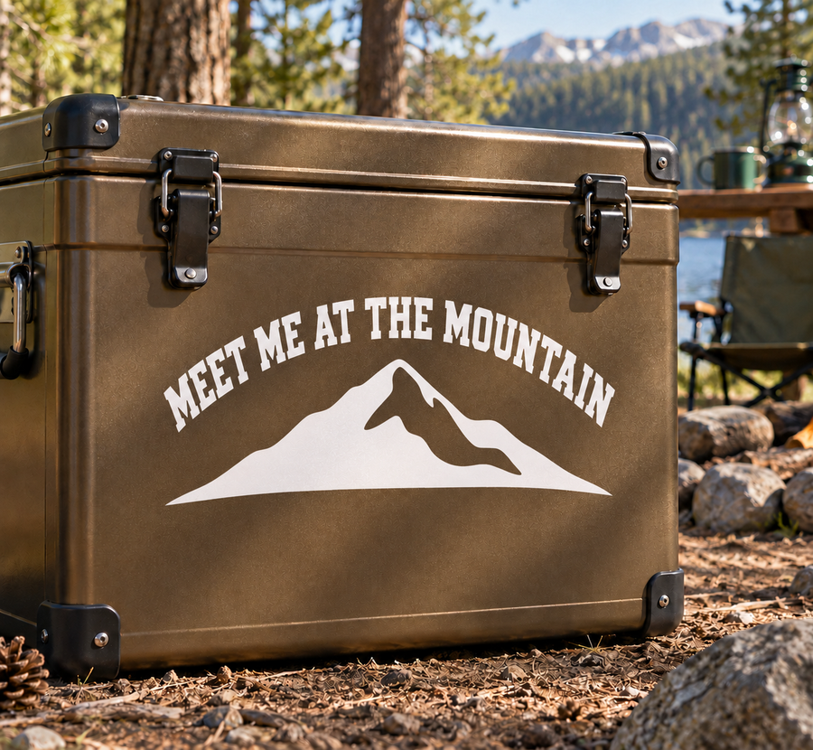Vinyl decal: 'MEET ME AT THE MOUNTAIN' with black mountain icon