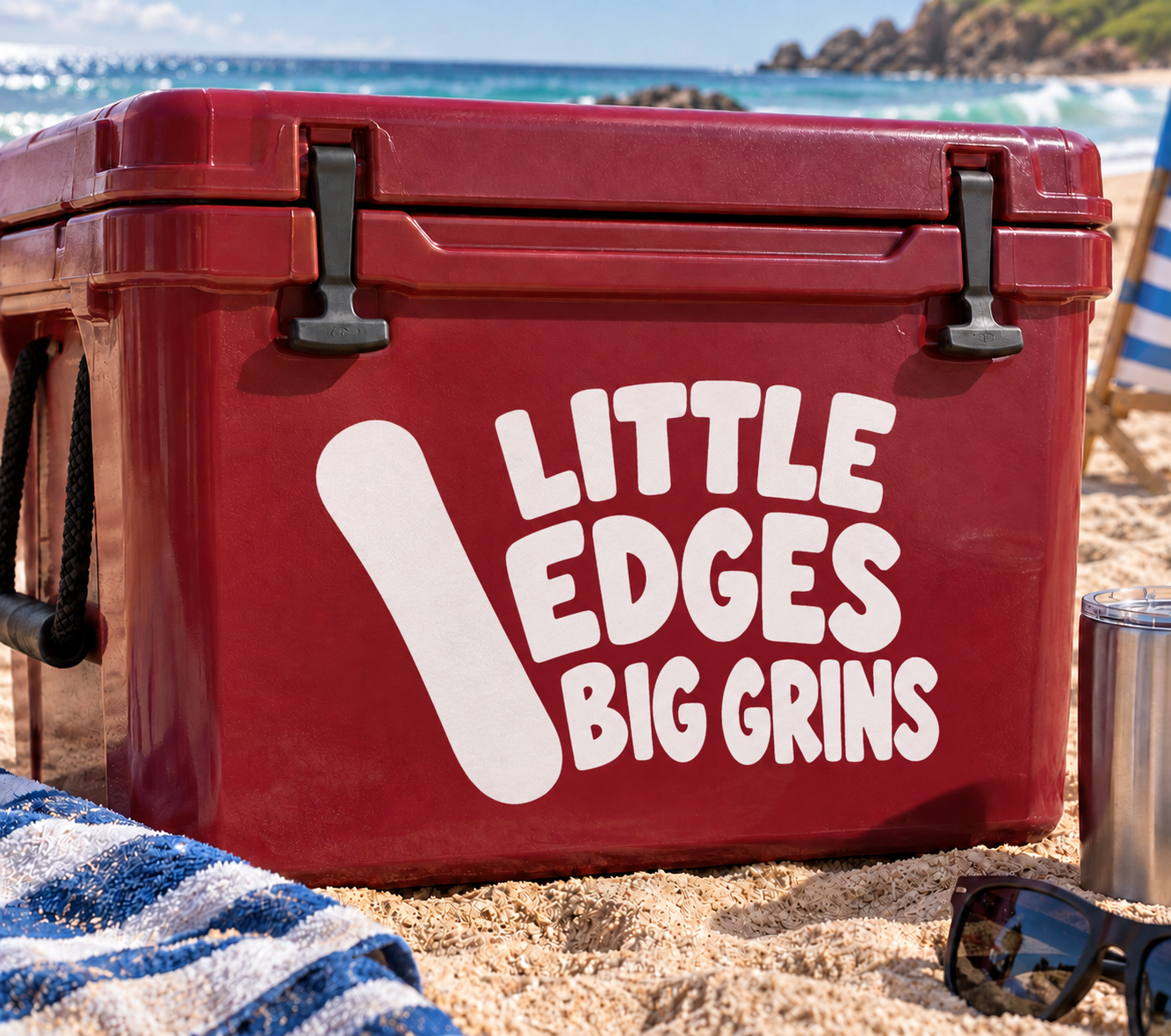 Vinyl decal: white “LITTLE EDGES BIG GRINS” lettering with check mark