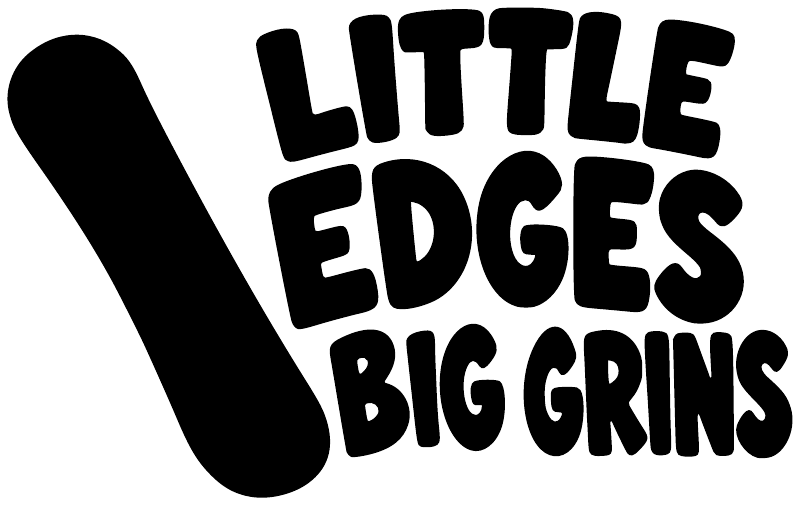 Vinyl decal wording “LITTLE EDGES BIG GRINS” in bold white-and-black layout