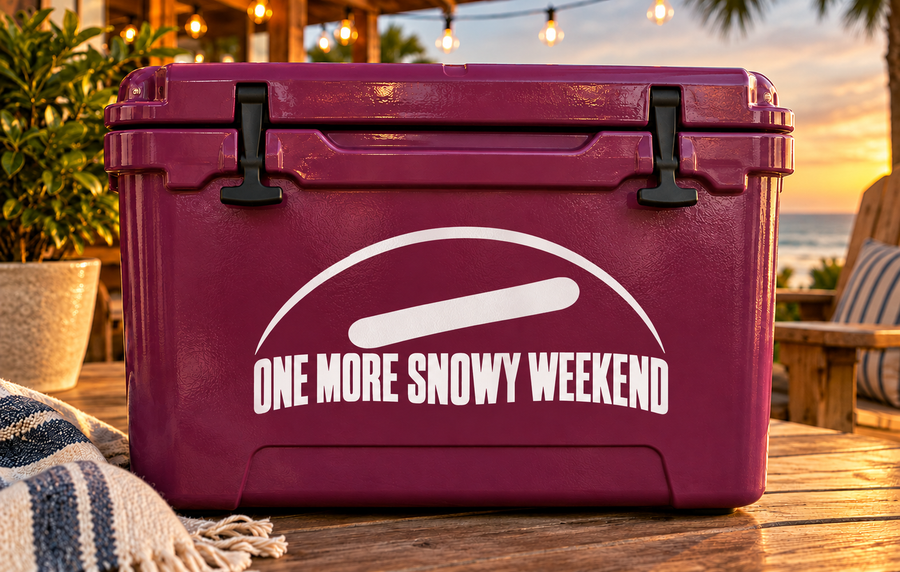 Maroon vinyl decal on rectangular case, 'ONE MORE SNOWY WEEKEND' in white