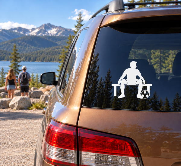 White vinyl soccer bench player decal with soccer ball silhouette