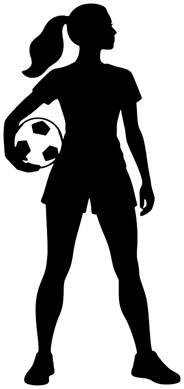 Black vinyl silhouette of a female soccer player holding a soccer ball.