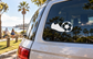 Soccer boot and ball club vinyl decal on a car window: black boot with soccer ball