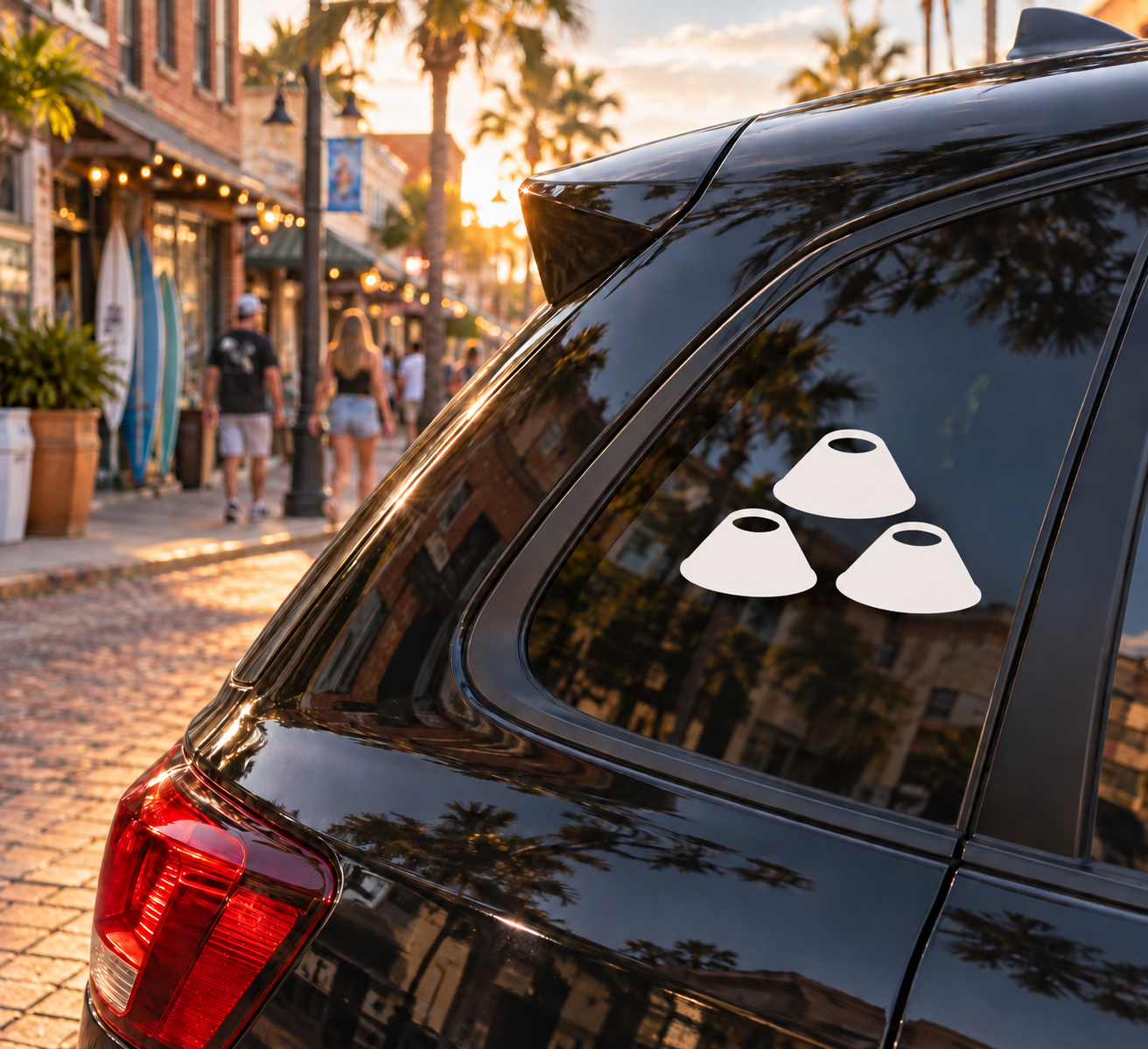 Soccer training cone trio vinyl decal, three white cone icons on car window