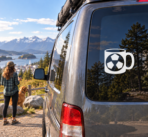 Soccer mug vinyl decal with soccer ball graphic on window