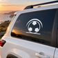 Vinyl soccer ball club decal with circular arrow outline, white and black on car window