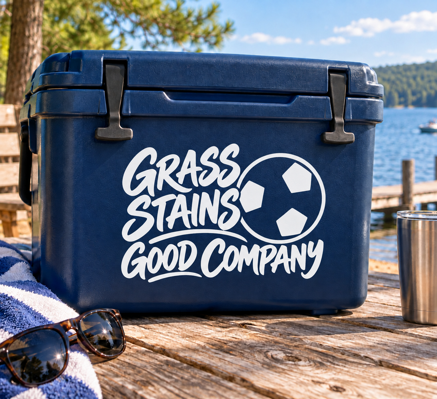 White Grass Stains Good Company text vinyl soccer decal with soccer ball icon