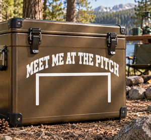 Soccer vinyl decal: "Meet Me at the Pitch" with goal-post outline, white and black