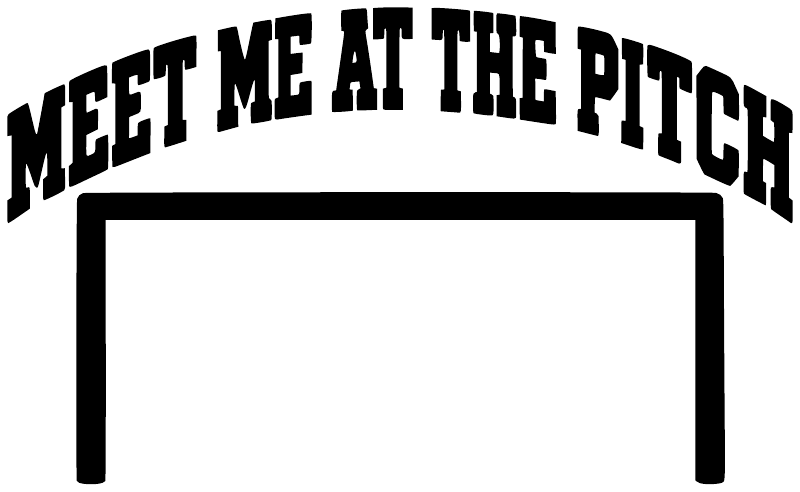 Soccer vinyl decal text "Meet Me at the Pitch" with black goal-post legs