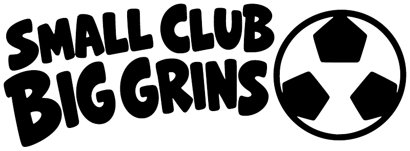 Soccer vinyl decal "SMALL CLUB BIG GRINS" in black with white-outlined soccer ball