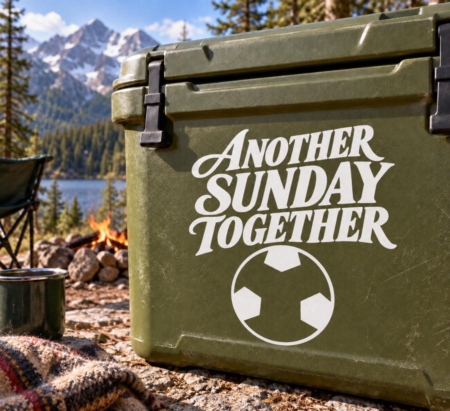 Soccer vinyl decal with white 'Another Sunday Together' and soccer ball on green