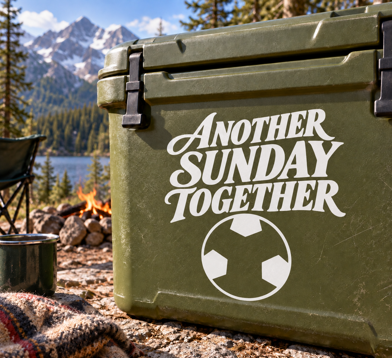 Soccer vinyl decal with white 'Another Sunday Together' and soccer ball on green