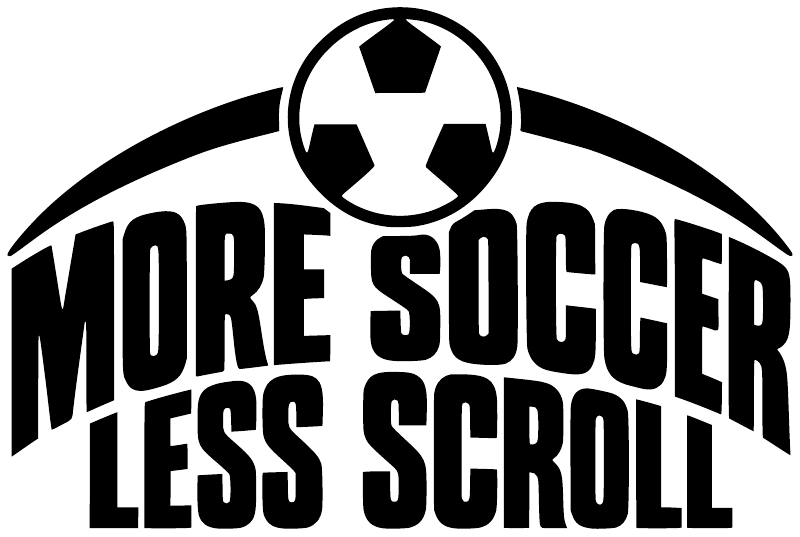 Black and white More Soccer Less Scroll vinyl decal with soccer ball
