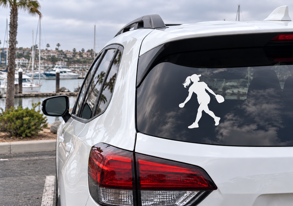 Softball vinyl decal: white female pitcher silhouette on car rear window