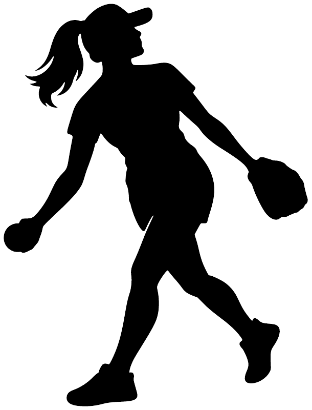 Softball vinyl decal: black female pitcher silhouette in pitching stance with glove