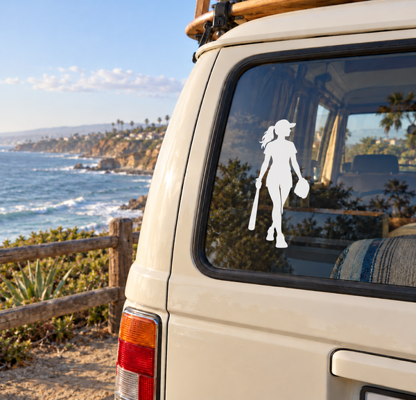 Softball walk back to the dugout vinyl decal of a player silhouette on a car window