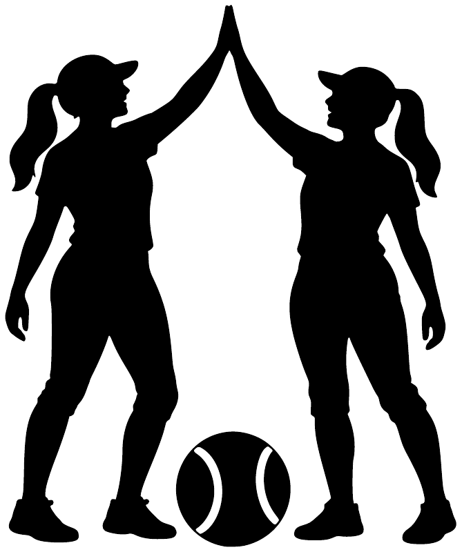 Softball team high-five vinyl decal silhouette of two players holding hands, with softball