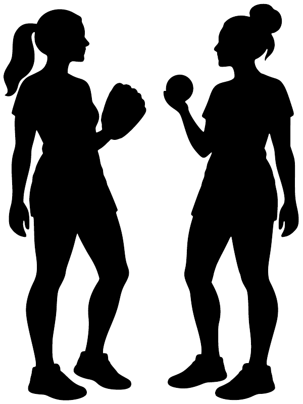 Softball player silhouettes vinyl decal, black figures on white