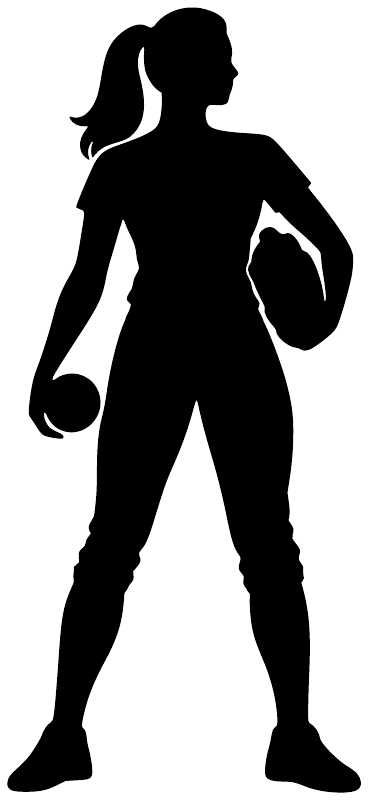 Black softball player silhouette vinyl decal holding a bat, for cars and gear.
