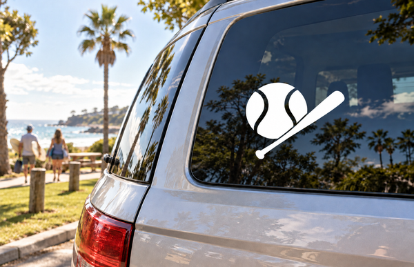 Softball bat and ball vinyl decal with black bat and white ball icon