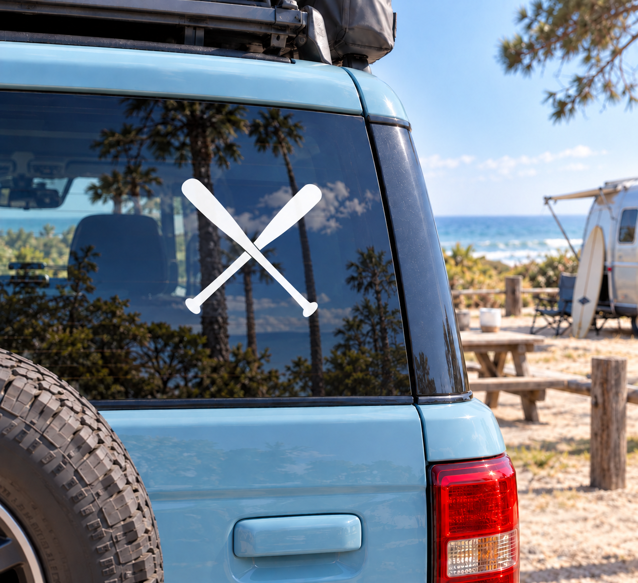 White crossed softball bat vinyl decal for windows