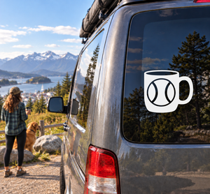 Vinyl cup decal with white softball emblem on a black mug shape