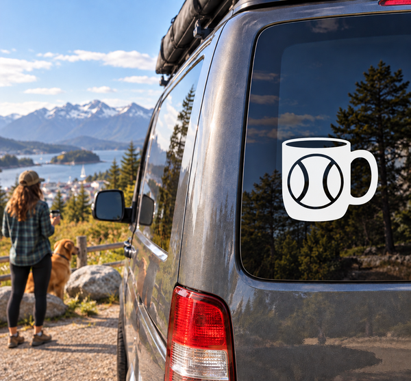 Vinyl cup decal with white softball emblem on a black mug shape