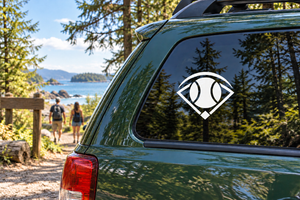 Softball diamond vinyl decal with eye-shaped ball in center on car window