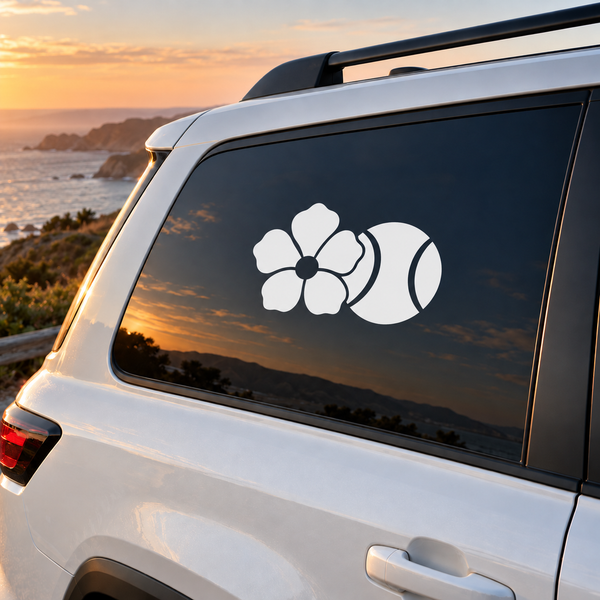 White softball and wildflower vinyl decal on car window