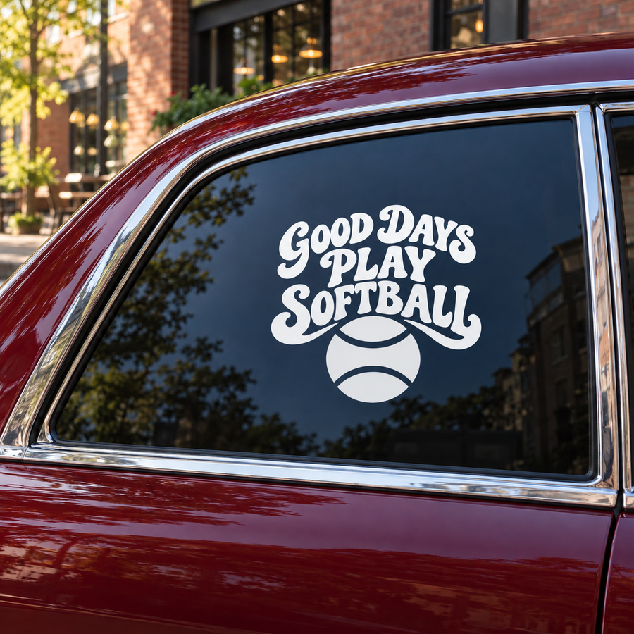Softball vinyl decal reading 'Good Days Play Softball' with ball icon